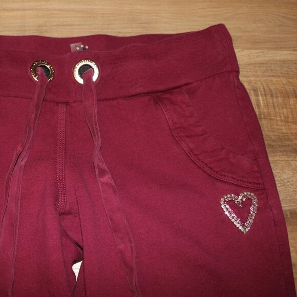 TWISTED HEART Size P-SM Burgundy Wine Rhinestone Heart Wide Leg Sweatpants - Picture 4 of 10